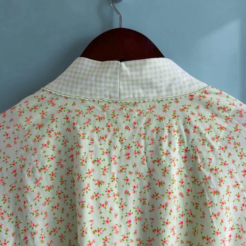 Charter Club Cottagecore Mint Green Floral Gingham Cotton Kimono Wrap Robe XL